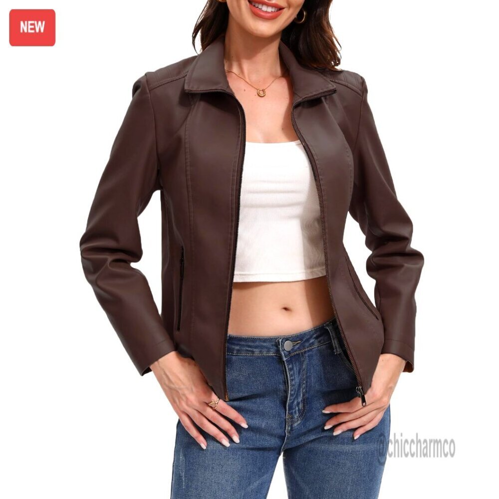 Faux Leather Motorcycle Jacket Zip Up Quilted Shoulder Regular Fit